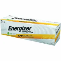 C-size alkaline battery delivering 1.5V DC, part of the Industrial Alkaline series. Suitable for powering industrial equipment such as controls, pumps, and instrumentation. Supplied in a 12-pack for convenient replacement