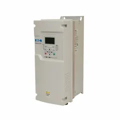 The EATON PowerXL DG1 is a variable frequency drive designed for controlling three-phase AC motors in industrial applications such as pumps, fans, and conveyors. This model provides a three-phase output voltage of 525-600V AC, a 15 hp rating, and an IP21 enclosure in a white finish.