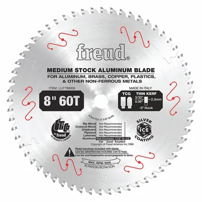 FREUD Circular Saw Blade: 8 in Blade Dia., 60 Teeth, 0.08 in Cut Wd, 5/8 in Arbor Size - Aluminum & Soft Metal-Cutting Blades
