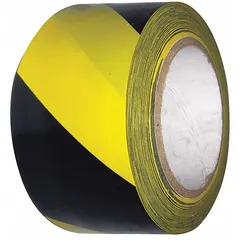 Striped black/yellow vinyl tape for general-purpose floor marking. 2 in width, 108 ft length, 6 mil thickness. No message legend. Used to mark aisles, hazard zones, and walkways in industrial facilities.