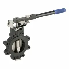 This carbon steel high-performance butterfly valve is designed for flow control and shut-off in industrial piping systems. It features a lug-style connection, RPFTE liner, and lever handle. Rated for 285 psi CWP, with a 4-inch pipe size.