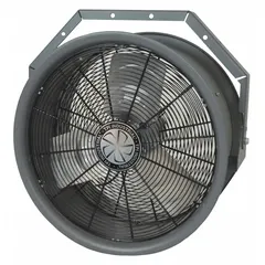 This FOSTORIA high-velocity industrial fan is designed for wall mounting via a yoke bracket, delivering concentrated airflow for spot cooling and ventilation in large spaces such as factories, warehouses, and workshops. It features a 22-inch blade diameter, a 1/2 hp motor operating on 277V AC, and a single-speed, non-oscillating configuration.