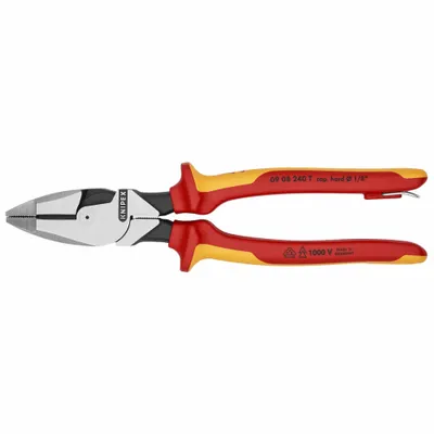 KNIPEX Linemans Plier: Insulated, Flat, 9 1/2 in Overall Lg, 1 1/2 in Jaw Lg, 1 1/4 in Jaw Wd - Multipurpose Insulated Lineman's Pliers