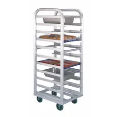 This 20-slot roll-in pan rack is designed for 12 x 20 in pans with 5 in spacing between shelves. It measures 21 1/2 in wide and 64 in high, and is NSF certified for food safety. Suitable for use in commercial kitchens for storage or transport of sheet pans.