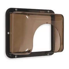 This wall fixture guard is made of smoke-colored polycarbonate and includes mounting hardware for surface wall mounting. Designed for outdoor use with keypads, it helps protect against vandalism and damage. Overall dimensions: 6-3/4 in depth, 4 in width.