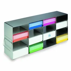 This stainless steel freezer rack is designed for organizing samples and vials within ultra-low temperature freezers. It measures 21 3/4 inches in overall length and 5 1/2 inches in overall width, providing efficient space utilization and easy access in laboratory cold storage applications.