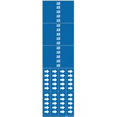 Blue adhesive pipe markers with white 'Air' legend for identifying compressed air or pneumatic piping. Each marker fits pipe outside diameters of 3/4 in and smaller. Pack includes 3 markers without directional arrows. Suitable for general industrial pipe identification.
