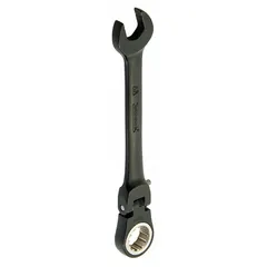 This 10 mm metric spline ratcheting combination wrench features a flex head for access in confined spaces. Made from alloy steel with a black chrome finish, it has an overall length of 5 1/4 in. Suitable for tightening and loosening fasteners in mechanical assembly and maintenance tasks.