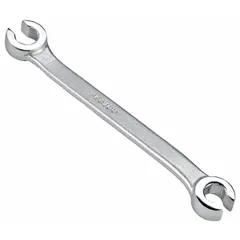This PROTO flare nut wrench is made from alloy steel with a satin finish. It features double-end, standard-head, 6-point design with 3/4 in and 7/8 in head sizes, and an overall length of 9 1/2 in. Used for tightening or loosening flare nuts on hydraulic, fuel, and refrigeration lines.