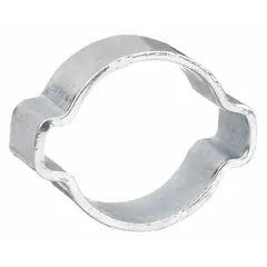 Double-ear clamp with zinc-plated steel band, designed for securing hoses in fluid, air, and gas systems. Clamping diameter range 31/64 to 19/32 in. Maximum closing force 2500 N ensures a leak-free seal.