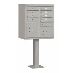 This horizontal multi-unit mailbox features 10 front-access doors and is designed for pedestal mounting. It measures 62 inches in height, 30 1/2 inches in width, and 18 inches in depth. Suitable for centralized mail distribution in residential or commercial settings requiring secure, organized mail delivery.