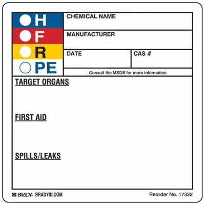 BRADY HMIG Label: 3 7/8 in Ht, 3 7/8 in Wd, Polyester, Adhesive, 3 7/8 in x 3 7/8 in - Safety