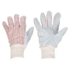 These knit gloves feature a premium cowhide leather palm for grip and protection, with a full-finger design and a cotton knit cuff in red/gray. The cotton knit material provides flexibility and comfort. Suitable for general industrial handling, assembly, material moving, and light-duty tasks in machining, warehousing, and maintenance environments. Sold as 1 pair.