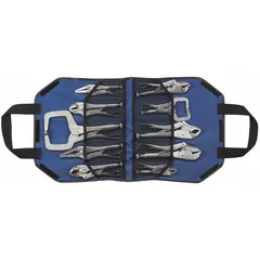 This set includes six curved-jaw locking pliers and C-clamps in overall lengths of 5, 6, 7, 9, 10, and 11 inches with plain grip handles. Supplied in a bag for organized storage, these tools are used for gripping, clamping, and holding workpieces in metalworking, fabrication, and maintenance tasks.