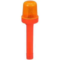 Battery-powered amber LED light for slide-on mounting to traffic cones. Flashes 130 times per minute. Overall height 2 in, width 1 3/4 in. Used to mark hazards and improve visibility in work zones and road construction areas.