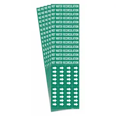 Green adhesive pipe marker with white legend reading 'Hot Water Recirculation' and directional arrows. Designed for pipe outer diameters of 3/4 in and smaller. Pack of 5. Used to identify hot water recirculation lines in piping systems.
