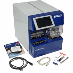 Desktop wraparound label printer and applicator with 300 dpi printhead resolution, PC-connected auto operation, and a capacity of 7,000 labels per day. Includes Brady Workstation software, power cord, and R4302 ribbon. Designed for printing and applying labels around wires, cables, and small-diameter tubing in industrial environments.