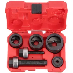This punch and die set produces a 1-1/4 in nominal hole in mild steel up to 10 gauge thickness. It includes a 3/8 in ball-bearing draw stud for smooth operation. Typical applications include creating clean round openings in electrical enclosures, junction boxes, and sheet metal for conduit or cable entry.