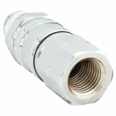 Nickel-plated steel ball-joint swivel air line fitting with 1/4 in female NPT inlet and 1/4 in male NPT outlet. Includes pre-applied thread sealant. Used in compressed air systems to prevent hose kinking and reduce fitting stress, allowing 360-degree rotation and pivoting for pneumatic tools and air line connections.