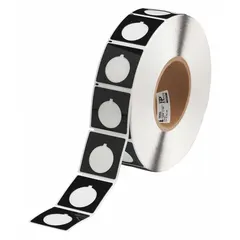 Polyester label roll with black gloss finish, precut to 1 51/64 x 1 51/64 in. Each roll contains 500 labels for use with THT printer series. Suitable for identifying push buttons and raised panel controls in industrial environments.