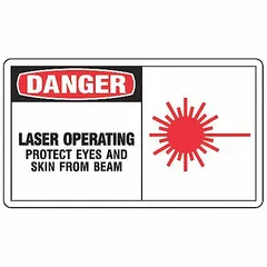Vinyl adhesive signs warning personnel to protect eyes and skin from laser beams. Each sign measures 3 1/2 in x 5 in, 0.02 in thick. Not retroreflective or glow-in-the-dark. Suitable for mounting on equipment, doors, or walls near laser systems.
