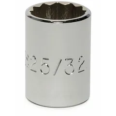 This 1/2 in drive hand socket features a 25/32 in socket size with a 12-point configuration and a chrome finish. It is designed for use with standard SAE hex fasteners in industrial maintenance, automotive repair, and assembly applications. The 12-point design allows for improved grip and reduced swing arc in confined spaces.