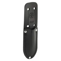 Black leather sheath with one pocket and open top, designed to carry a knife. Attaches via belt slot for hands-free access. Suitable for electricians, maintenance, and industrial workers needing quick tool access