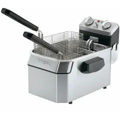 Electric deep fryer with two fry pots and 10 lb capacity. Operates on 120V AC. Overall depth 17 in, height 12 in. Suitable for batch frying in commercial kitchens.
