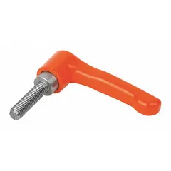 This straight teardrop-style adjustable handle features a zinc body with stainless steel threaded stud. It has a 65 mm length, 3/8"-16 thread, and 20 mm thread length in an orange finish. Used for manual clamping and positioning on industrial machinery, jigs, and fixtures.