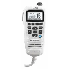This ICOM command microphone features a white finish, an 8-pin round plug connector, and a 240-inch cord. It includes a push-to-talk function and is compatible with ICOM M424G, M400BB, M410BB, M510, and M510BB/M605 series radios. Typical applications include marine and commercial radio communication in vessels, control rooms, and industrial environments.