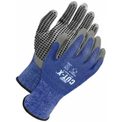 These medium-duty cut-resistant gloves feature a blue knit shell with a foam nitrile palm coating, providing ANSI Cut Level A5 protection. The palm-dipped/dotted design offers a smooth grip suitable for tasks requiring cut and abrasion resistance. Sold as a single pair, left and right hand style. Not touchscreen compatible and without reinforced thumb crotch.