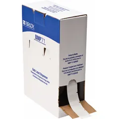 Precut vinyl label roll for wire identification. White matte finish, 1 in x 1 in size, suitable for wire gauges 16 AWG to 8 AWG. Designed for use with BMP61 printer series and M7-R4300 ribbon. Wraps around wire for permanent marking in electrical panels and control cabinets.