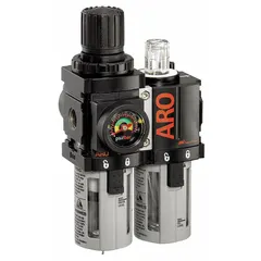 This ARO 1500 Series FRL combines a 5-micron filter, pressure regulator, and lubricator in a single unit. With a 3/8 in NPT port size, 71 cfm flow capacity, and maximum operating pressure of 250 psi, it conditions compressed air for pneumatic tools and actuators in industrial systems.