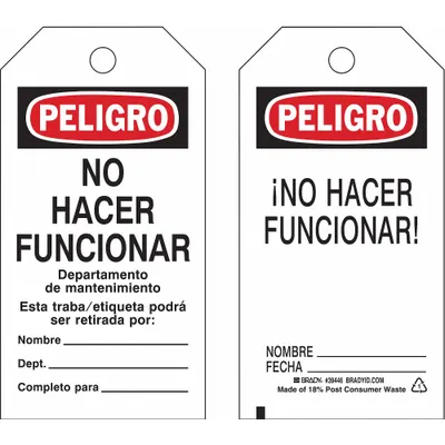 BRADY Danger Tag: Danger, Polyester, Write-On Surface, English, Danger, Tag, Plastic (MPN 39446) - Safety