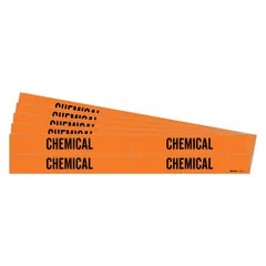 Orange adhesive pipe marker with black legend text reading 'Chemical'. Designed for pipes with outer diameters from 3/4 to 2-3/8 inches. Pack includes 4 markers without directional arrows. Used to identify pipe contents in industrial facilities.