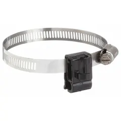 Stainless steel cable clamp assembly with nylon components for securing float switch cables. Includes mounting clamp, compatible with 14 AWG wire gauge. Used in sump, sewage, and effluent pump systems.
