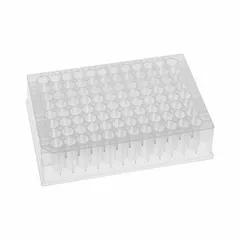 Non-sterile multiple well plate made of colorless polystyrene with 96 round wells. Each well has a volume of 1.1 mL and a diameter of 6.3 mm. The plate is RNase/DNase free, suitable for sample storage, assay preparation, and high-throughput screening in molecular biology workflows.