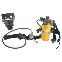 This MSA PremAire partial supplied air respirator assembly includes an emergency escape cylinder. It features a full facepiece with a rubber head harness and operates on compressed air at 60 to 100 psi. Designed for general-purpose respiratory protection in industrial environments where a compressed air source is available.