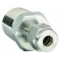 This double-ferrule compression fitting adapter connects 1/4 in OD tubing to a 1/8 in male NPT threaded port. Made of stainless steel, it provides a leak-tight seal in industrial tubing systems. Compatible with Let-Lok brand fittings