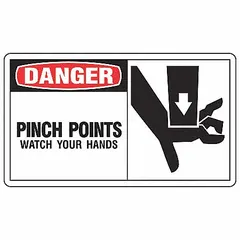 Adhesive vinyl safety signs warning of pinch point hazards. Each sign measures 3 1/2 in x 5 in with a thickness of 0.02 in. Not retroreflective and does not glow in the dark. Suitable for direct application on machinery, guards, or panels in industrial settings.