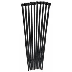 Nylon cable tie for securing identification tags to cables, pipes, or equipment. Black color, 8-inch length, pack of 10. Suitable for general-purpose tagging in industrial environments.