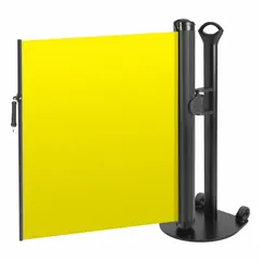 Retractable belt barrier system with a single mobile post, 38 in height, and an 11 1/2 ft yellow round flat belt with no legend or pattern. The belt is equipped with a black industrial hook for secure attachment. Used for pedestrian guidance and queue management in facilities requiring temporary crowd control.