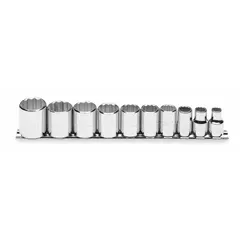 This 10-piece socket set features a 3/8 in drive and 12-point design for SAE fasteners from 5/16 in to 7/8 in. The 12-point configuration provides improved grip on hex fasteners, reducing the risk of rounding. Suitable for tightening and loosening fasteners in industrial maintenance, automotive repair, and assembly tasks.