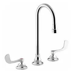 Widespread handle bathroom faucet constructed from brass with a polished chrome finish. Features a gooseneck spout and delivers a flow rate of 1 gpm. Suitable for lavatory sinks in residential and commercial settings.