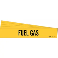 Yellow adhesive pipe marker with black 'Fuel Gas' legend, designed for pipes with outer diameters from 2-1/2 to 7-7/8 inches. Pack of 5 markers without directional arrows. Used to identify fuel gas piping in industrial and commercial facilities.