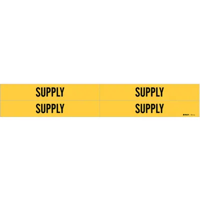 BRADY Pipe Marker: Supply, Yellow, Black, Fits 3/4 to 2 3/8 in Pipe O.D., 4 Pipe Markers - Supply Adhesive Pipe Markers