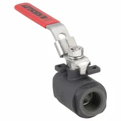 This KECKLEY ball valve is a 3/4-inch, carbon steel, straight pattern with FNPT x FNPT connections and a full port ball port. It features a locking lever handle for secure positioning. Used for on/off flow control in industrial piping systems handling gases, liquids, and steam.
