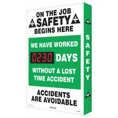 Aluminum safety scoreboard with mounting holes for wall installation. Nominal sign size 28 in x 20 in. Operates on 110/120V AC and is controlled via remote control. Non-retroreflective. Used to display safety milestones such as days without a lost-time accident in industrial facilities, warehouses, and job sites.