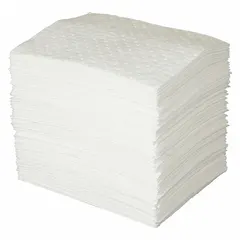 Polypropylene sorbent pad for absorbing industrial spills of oils, coolants, solvents, and water-based fluids. Each pad absorbs 76 13/16 oz. Commonly used in maintenance, machining, and chemical processing areas to contain leaks and keep work surfaces dry.