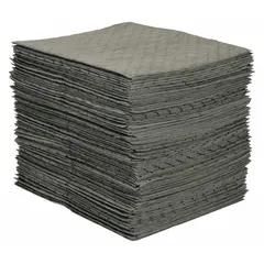 Perforated polypropylene sorbent pads for industrial spill control and fluid absorption. Each pad absorbs up to 66 9/16 oz of oils, coolants, and water-based fluids. Sold in a 100-pack. Gray color.